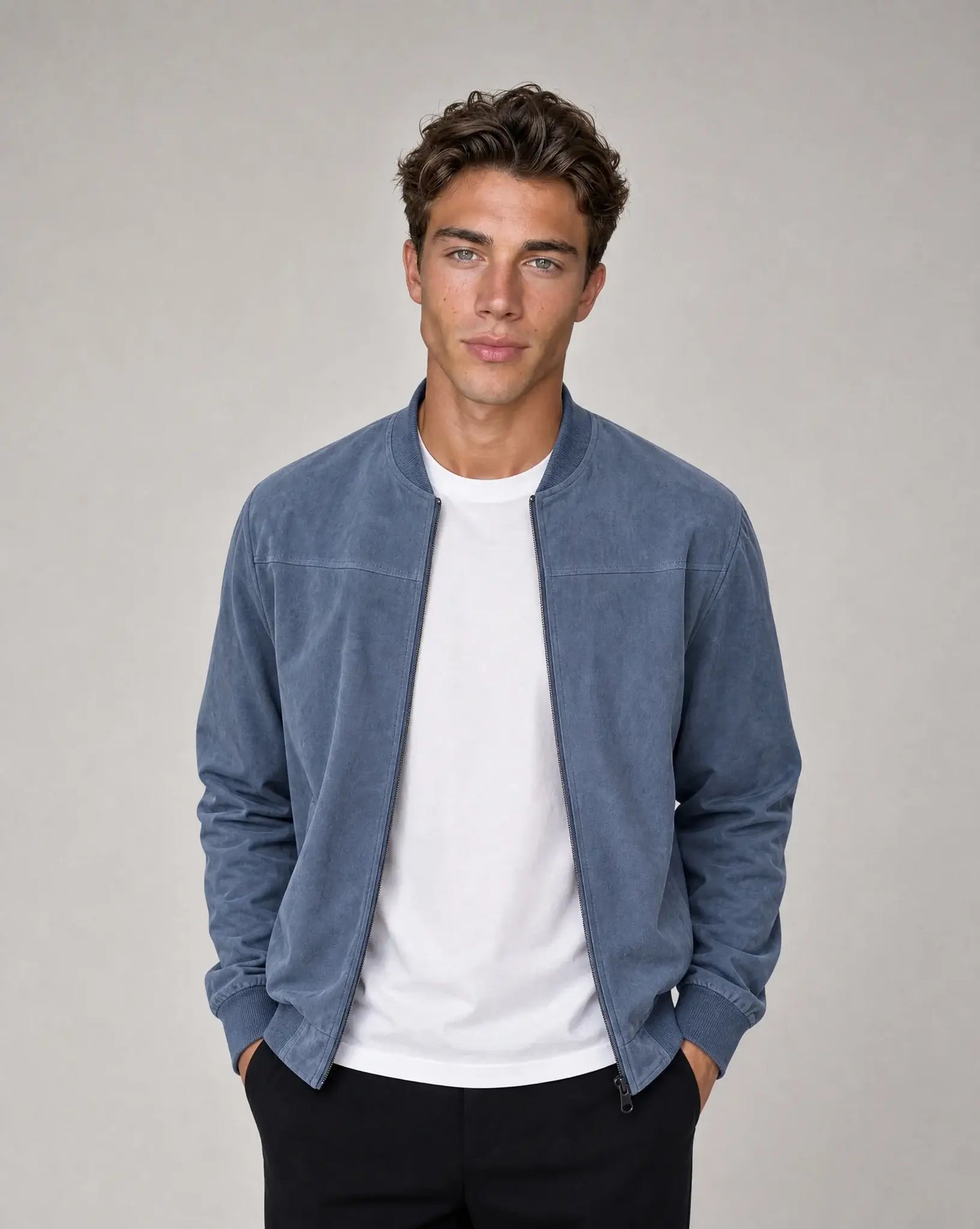 Blue zip up bomber jacket for men by Ilynora, front view with ribbed collar and clean structured silhouette