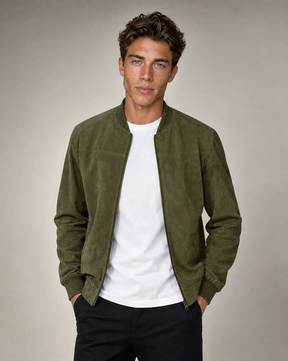 Green zip up bomber jacket for men by Ilynora, front view with ribbed collar and modern streamlined fit