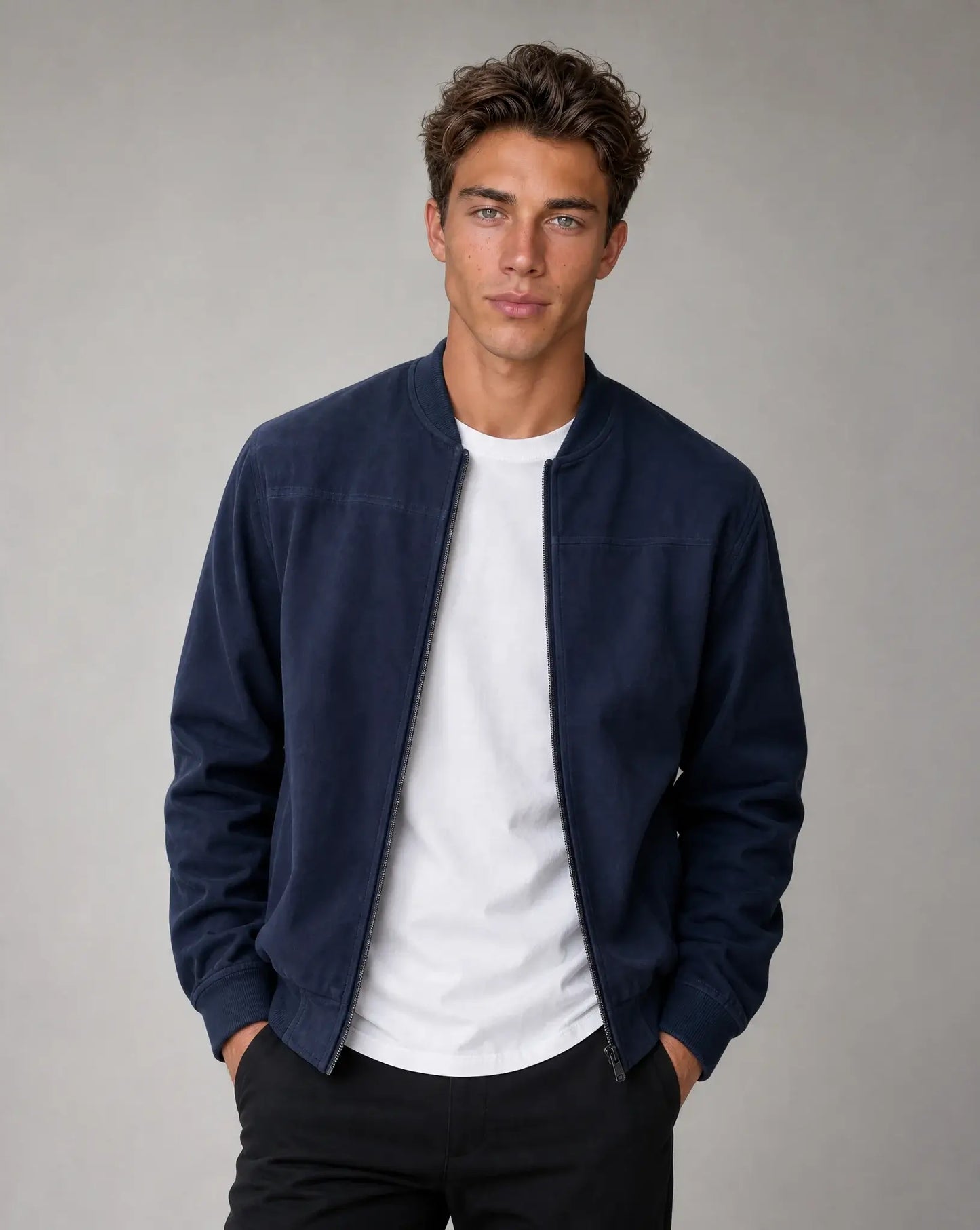 Navy zip up bomber jacket for men by Ilynora, front view with ribbed collar and sleek modern silhouette