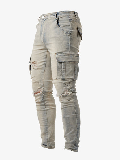 ILYNORA khaki slim fit cargo jeans with side pockets