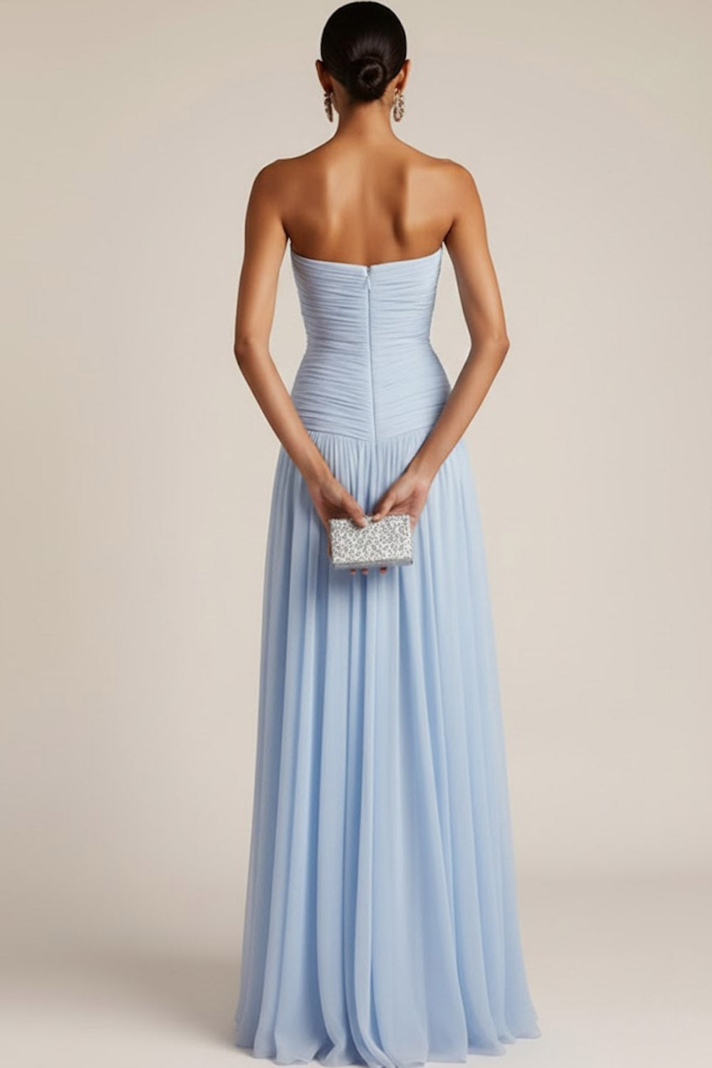 ILYNORA light blue ruched maxi bridesmaid dress back view