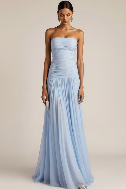 ILYNORA light blue ruched maxi bridesmaid dress front view