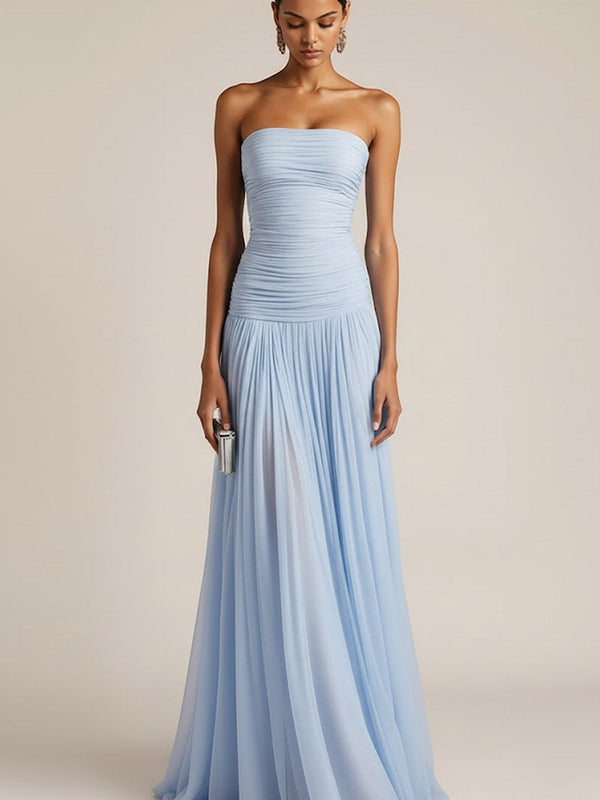 ILYNORA light blue ruched maxi bridesmaid dress front view