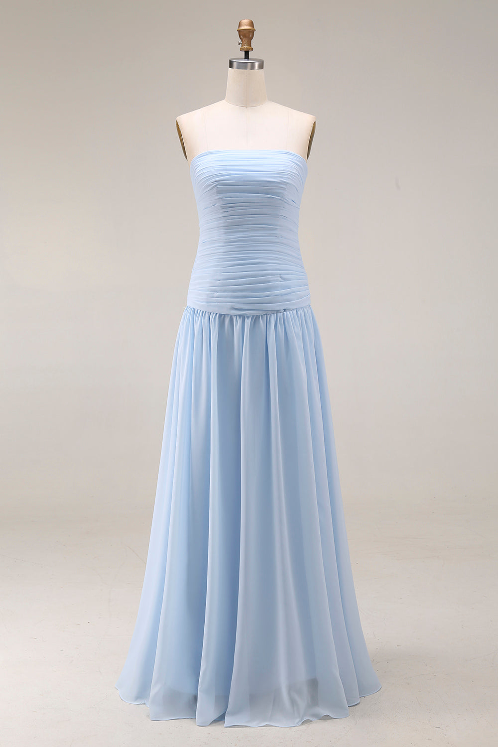 ILYNORA light blue ruched maxi bridesmaid dress on mannequin