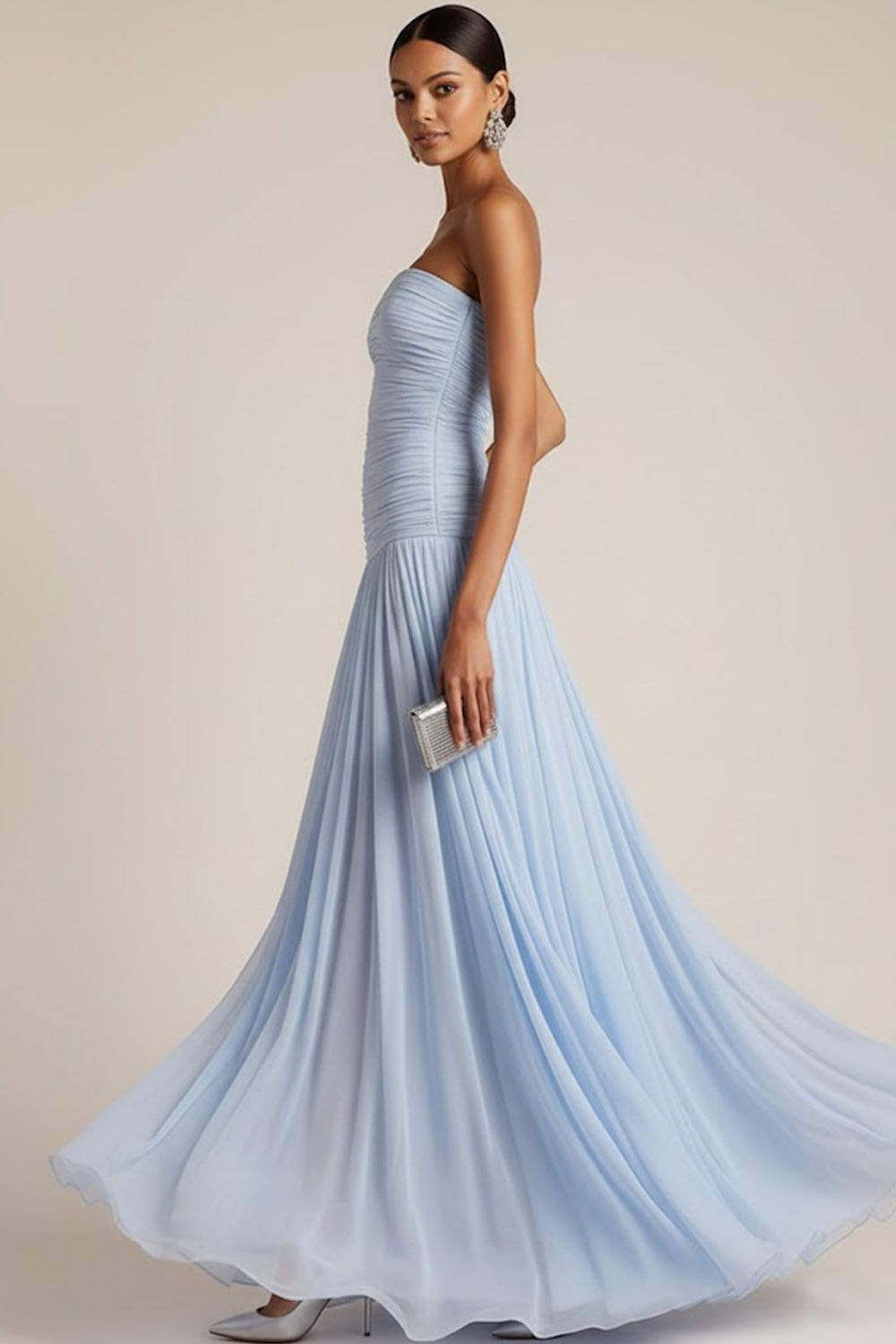 ILYNORA light blue ruched maxi bridesmaid dress side view