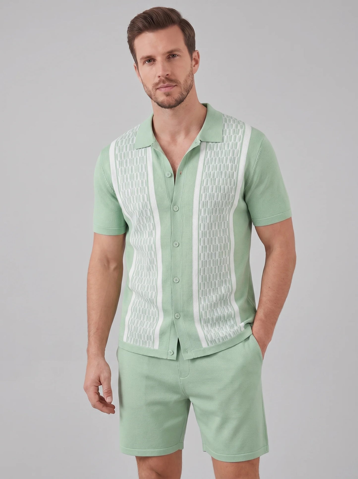 ILYNORA light green short sleeve shirt and shorts set front view