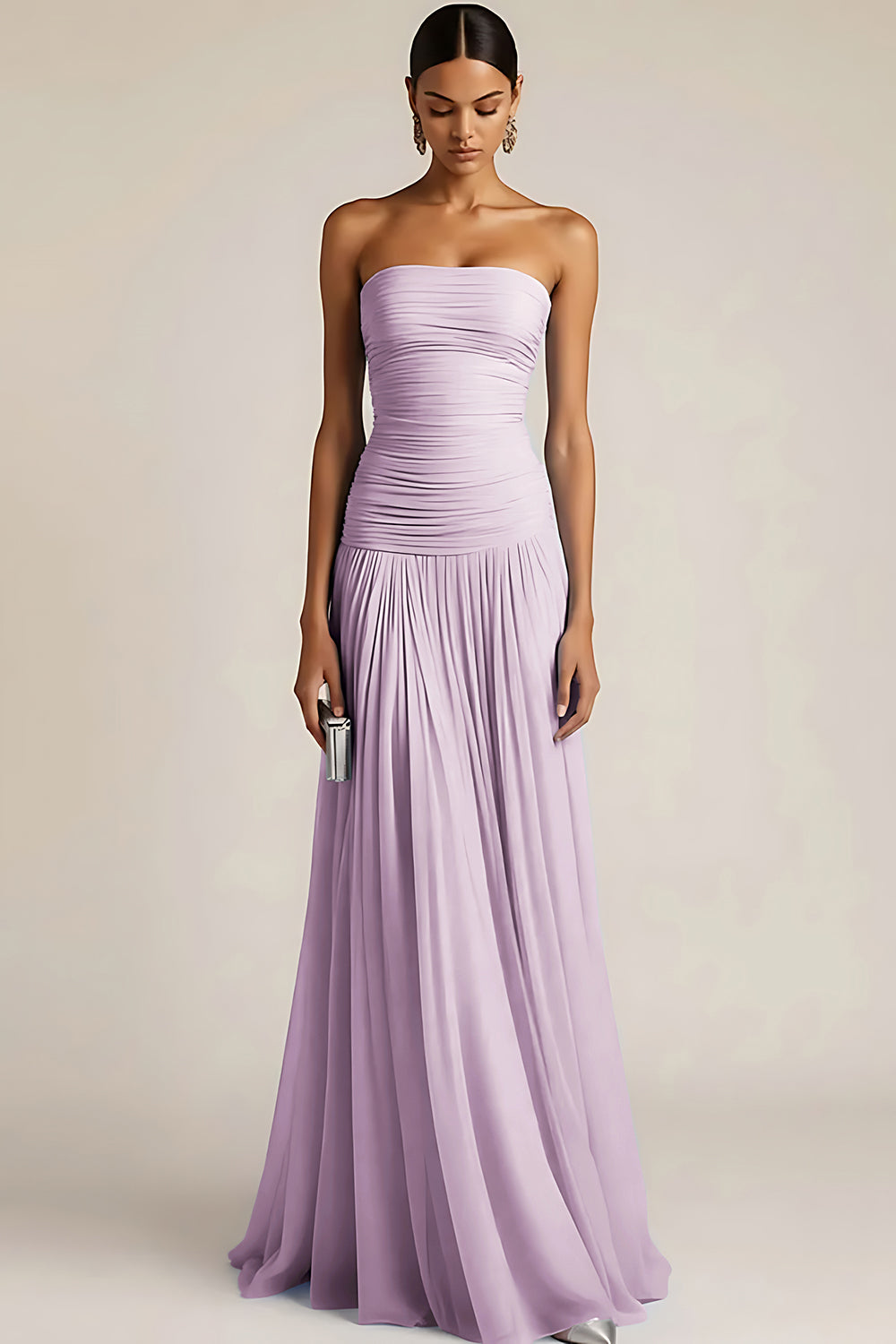 ILYNORA lilac ruched maxi bridesmaid dress front view