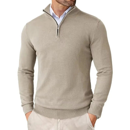 ILYNORA men's beige classic half-zip sweater with smart collar and clean tailored fit for versatile wear