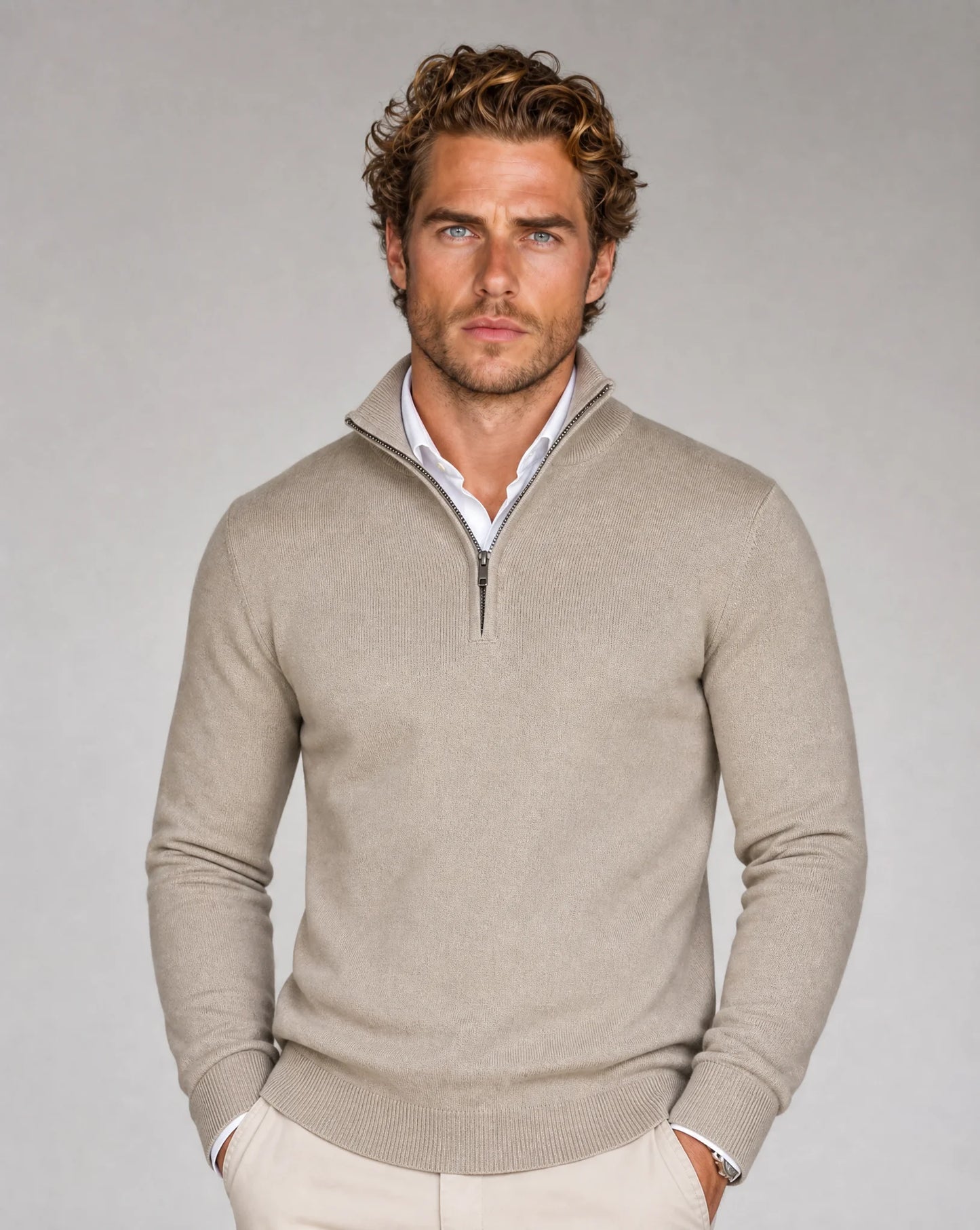 Men's beige half-zip knit sweater by ILYNORA with refined silhouette and timeless smart casual styling