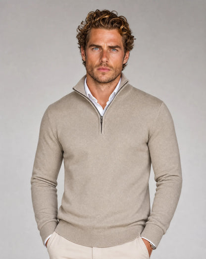 Men's beige half-zip knit sweater by ILYNORA with refined silhouette and timeless smart casual styling