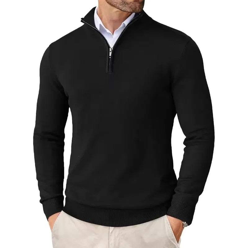 ILYNORA men's black classic half-zip sweater with smart collar and refined slim fit for everyday wear