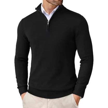 ILYNORA men's black classic half-zip sweater with smart collar and refined slim fit for everyday wear