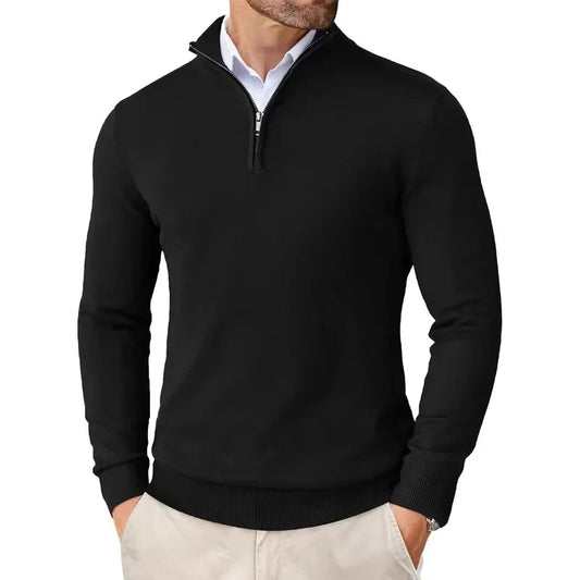 ILYNORA men's black classic half-zip sweater with smart collar and refined slim fit for everyday wear
