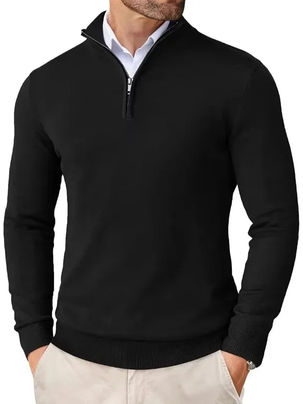 ILYNORA men's black classic half-zip sweater with smart collar and refined slim fit for everyday wear