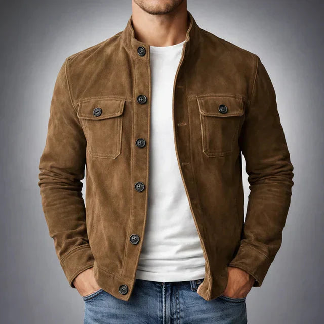 ILYNORA men's brown faux suede tailored jacket with stand collar, button front and smart casual styling