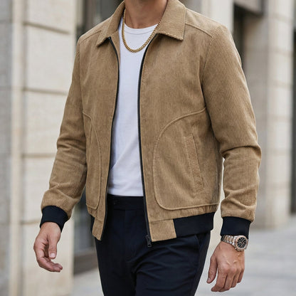 Men's Corduroy Zip-Up Collared Casual Jacket