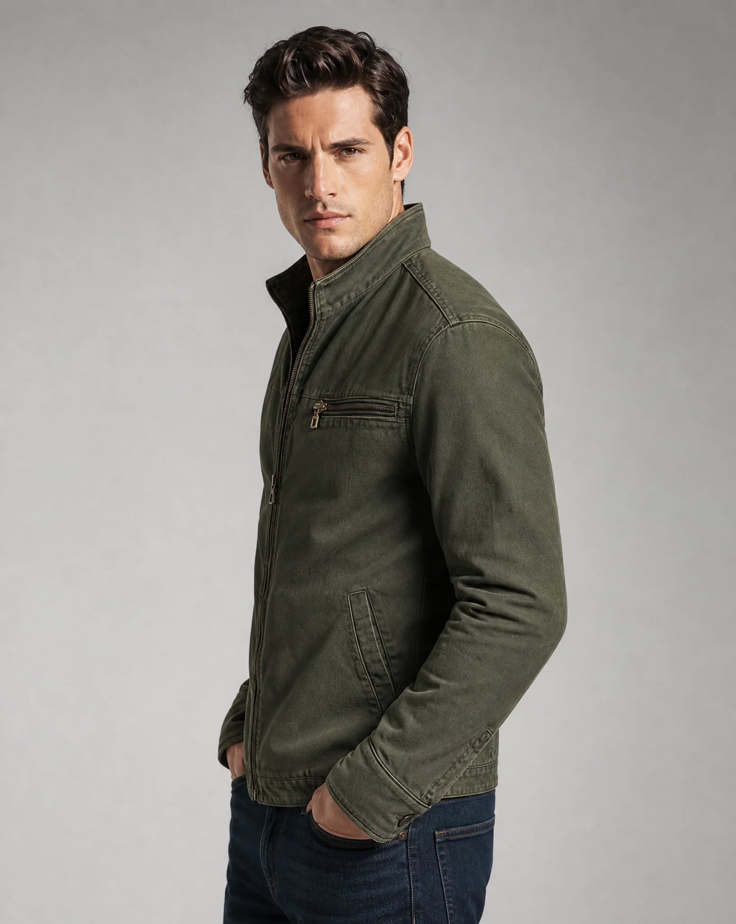 Men's Cotton Zip Jacket with Chest Pockets