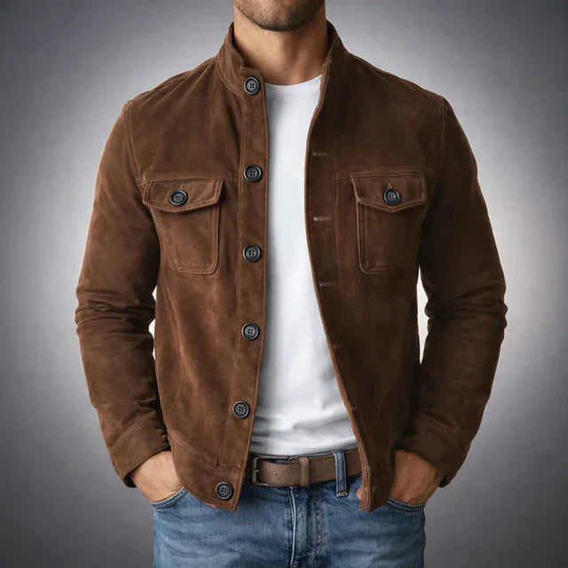 ILYNORA men's dark brown faux suede tailored jacket with flap chest pockets and refined structured fit