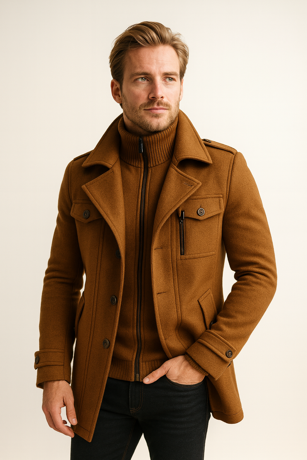 Men's Double Collar Coat with Knit Trim