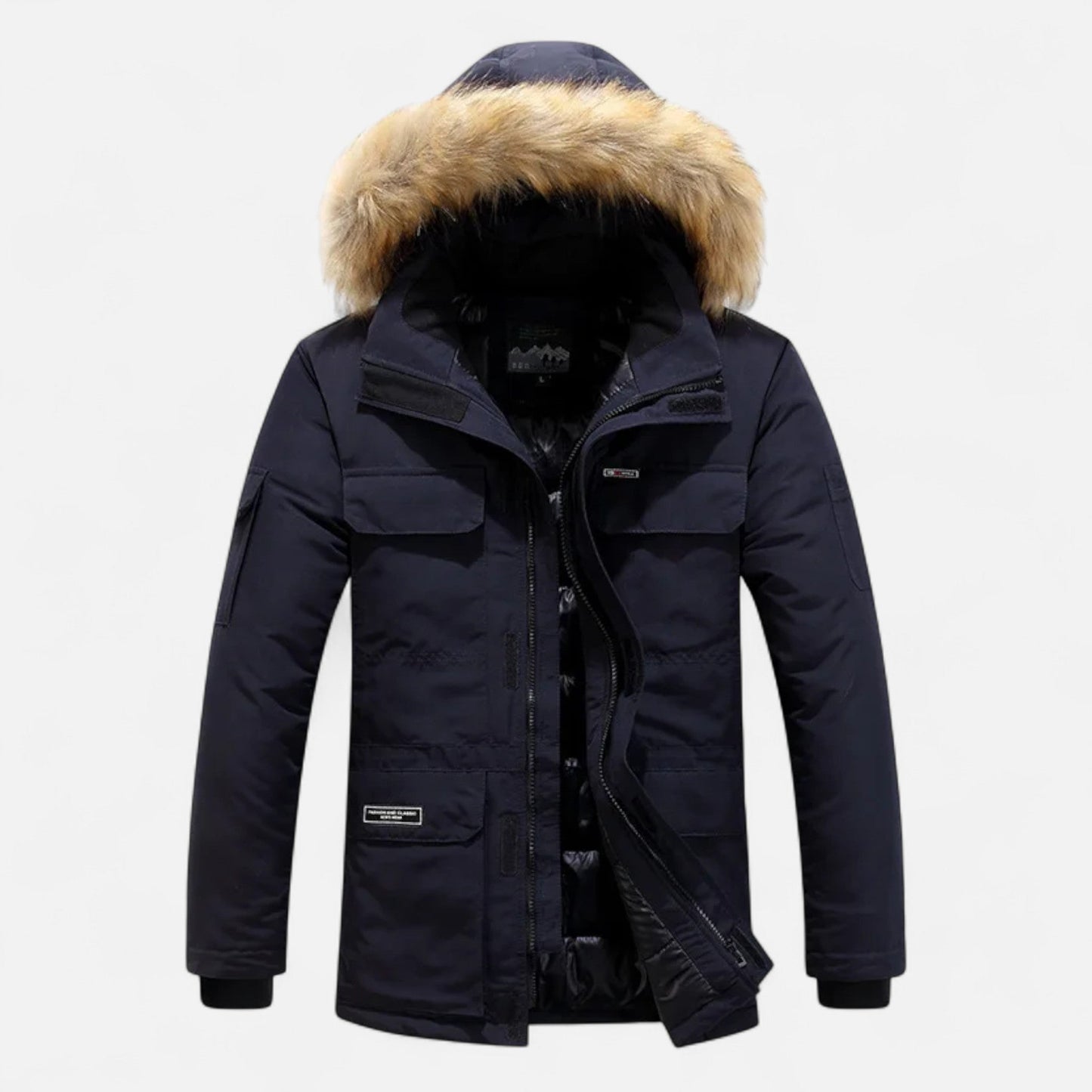 Men’s Faux Fur Hooded Winter Parka with Pockets