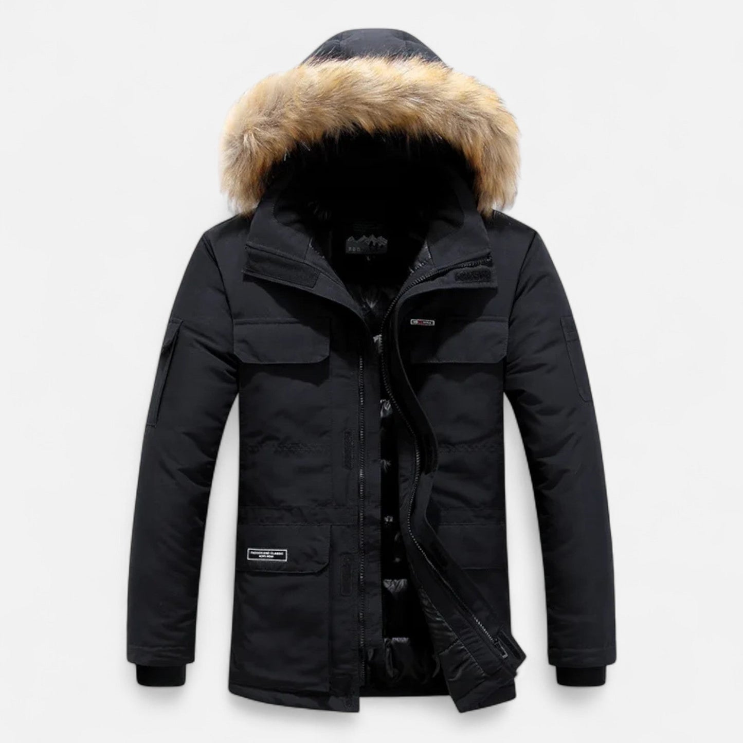 Men’s Faux Fur Hooded Winter Parka with Pockets