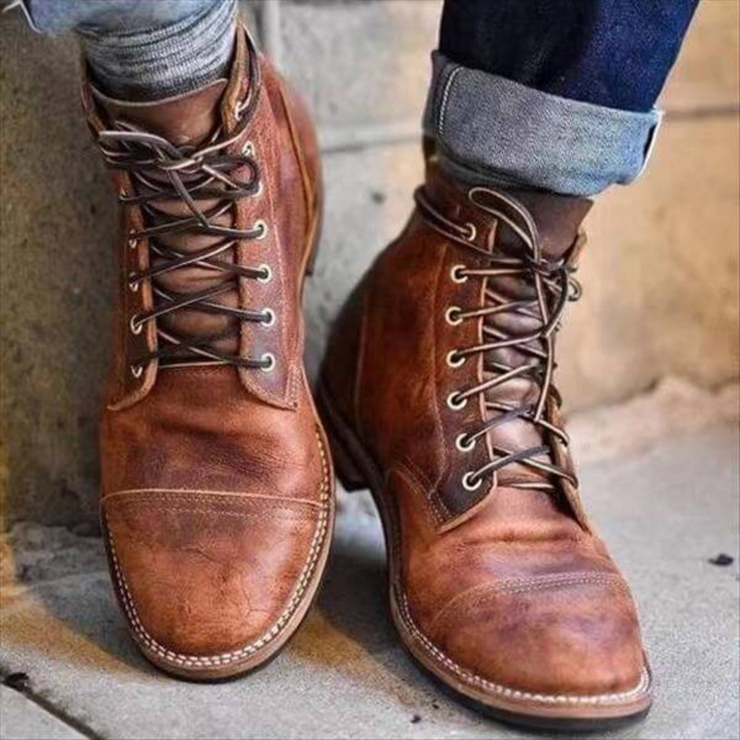 Men's Faux Leather Cap Toe Lace-Up Boots