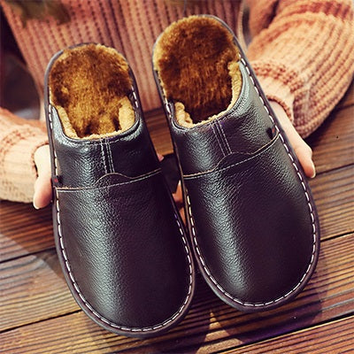 Men's Faux Leather House Slippers Warm Indoor Shoes