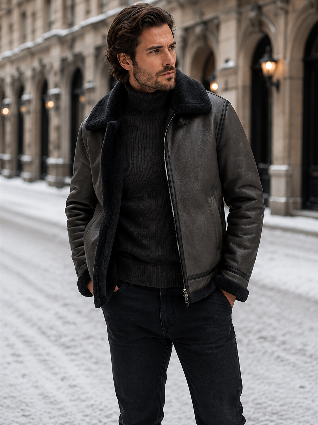 Men’s Faux Leather Sherpa Lined Aviator Jacket