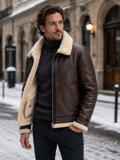 Men’s Faux Leather Sherpa Lined Aviator Jacket