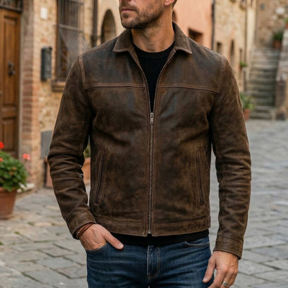 Men's Fitted Full-Zip Leather Jacket Structured Collar