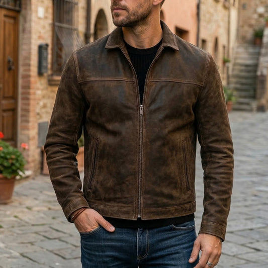 Men's Fitted Full-Zip Leather Jacket Structured Collar