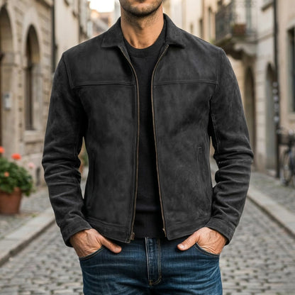 Men's Fitted Full-Zip Leather Jacket Structured Collar