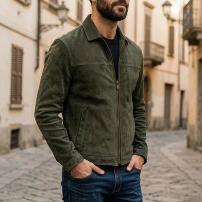 Men's Fitted Full-Zip Leather Jacket Structured Collar