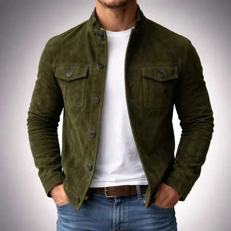 ILYNORA men's green faux suede tailored jacket with stand collar, button front and flap chest pockets