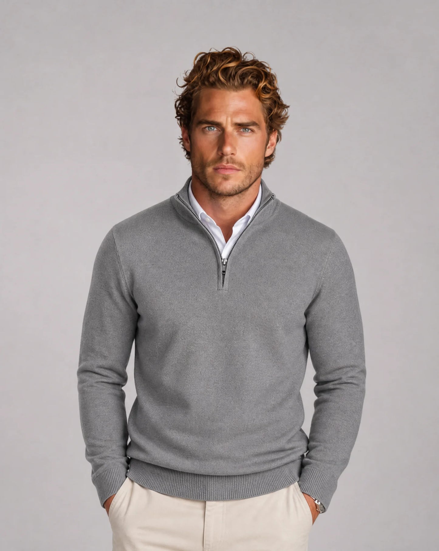 Men's grey half-zip knit sweater by ILYNORA with refined fit and timeless smart casual styling