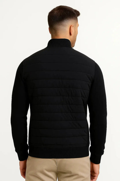 ILYNORA men's black hybrid quilted jacket back view with knitted sleeves