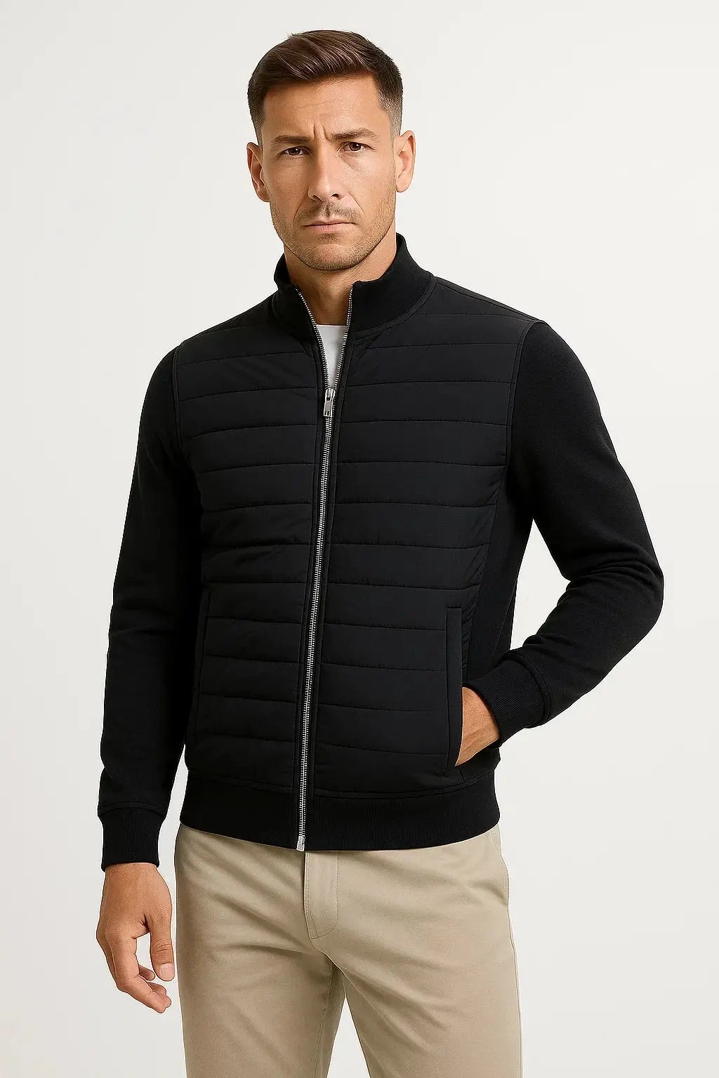 ILYNORA men's black hybrid quilted jacket with knitted sleeves and stand collar