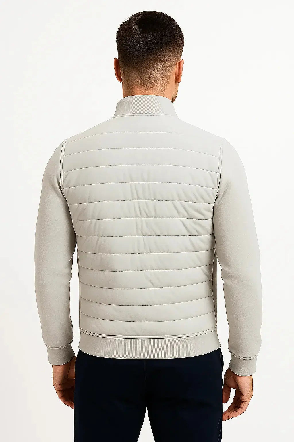 ILYNORA men's light grey hybrid quilted jacket back view with quilted design
