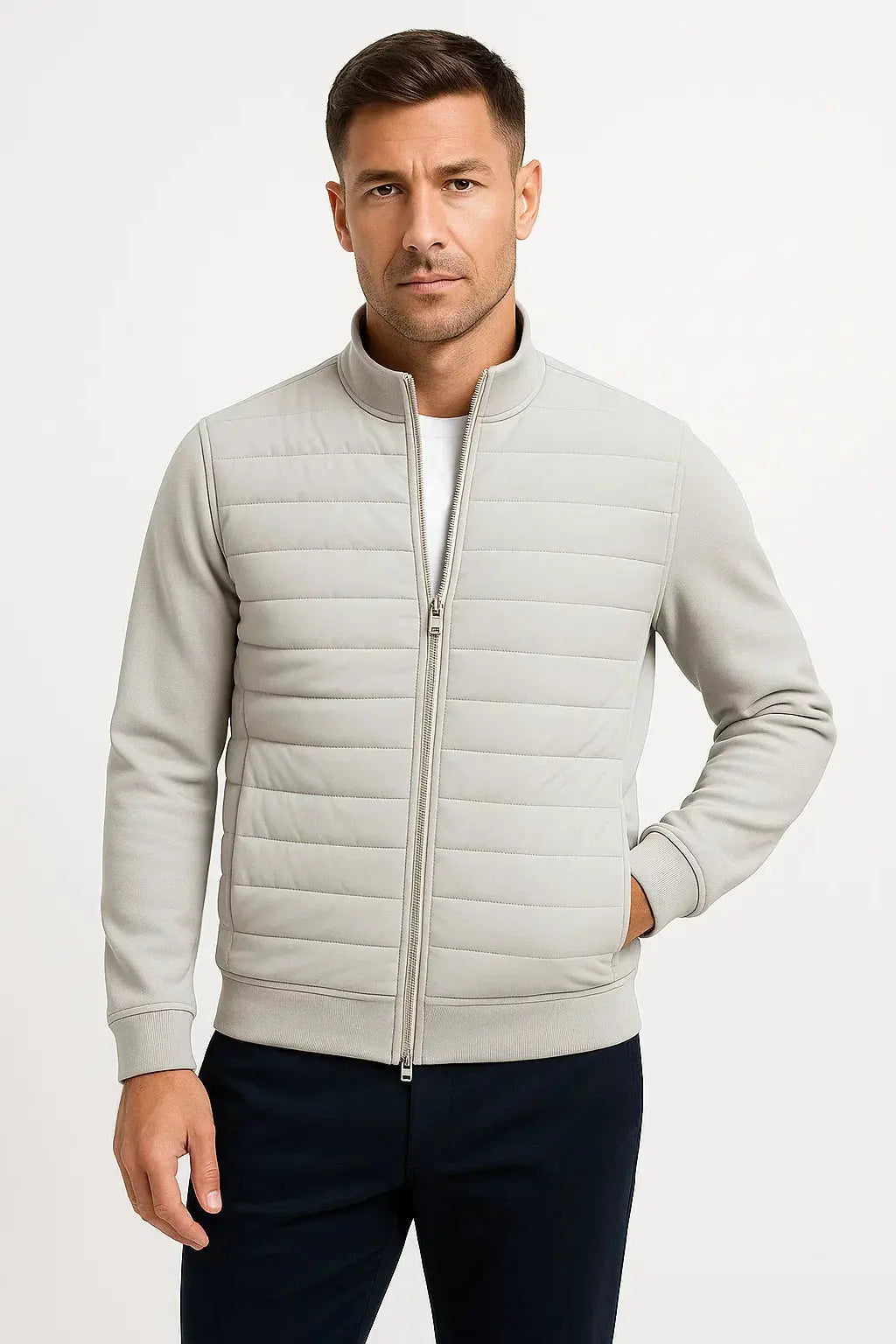 ILYNORA men's light grey hybrid quilted jacket with knitted sleeves