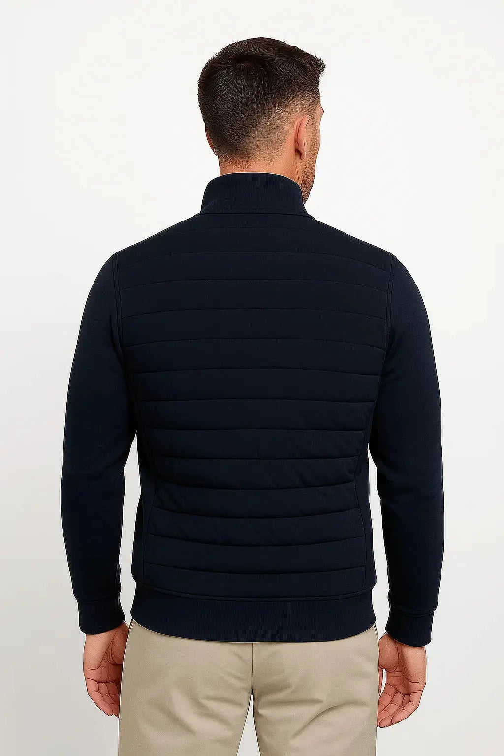 ILYNORA men's navy hybrid quilted jacket back view with knitted sleeves