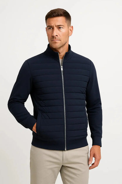 ILYNORA men's navy hybrid quilted jacket with knitted sleeves and zip fastening