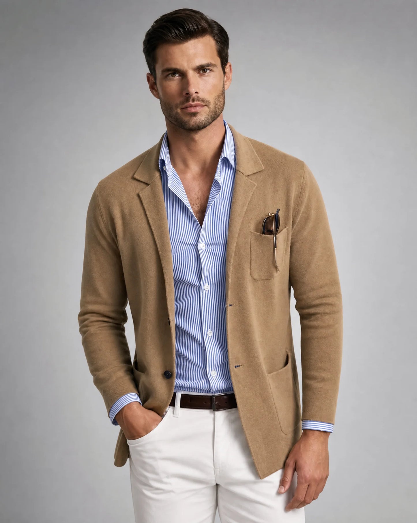 Men's beige lightweight knit blazer with soft stretch fabric, classic notched lapel and refined smart casual look by ILYNORA