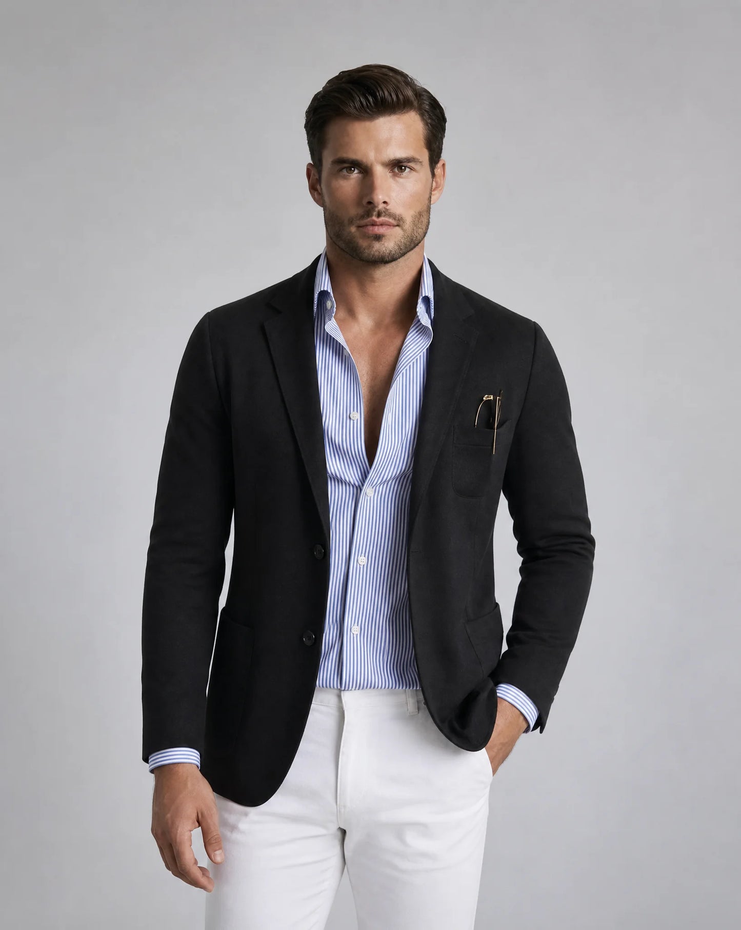 Men's black lightweight knit blazer with classic notched lapel, tailored silhouette and elegant smart casual design by ILYNORA