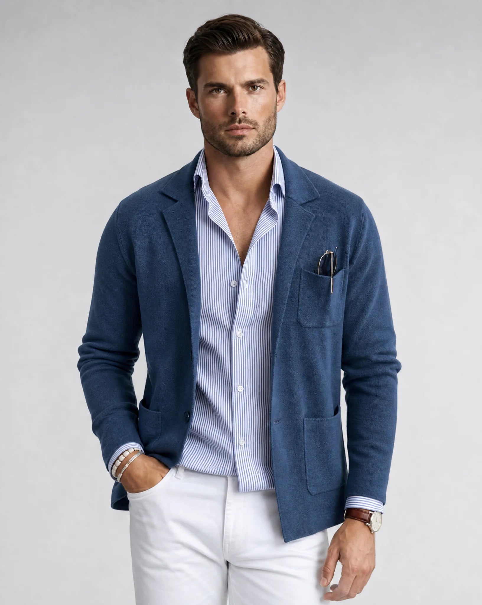 Men's blue lightweight knit blazer with notched lapel, tailored fit and smart casual styling for office and events by ILYNORA