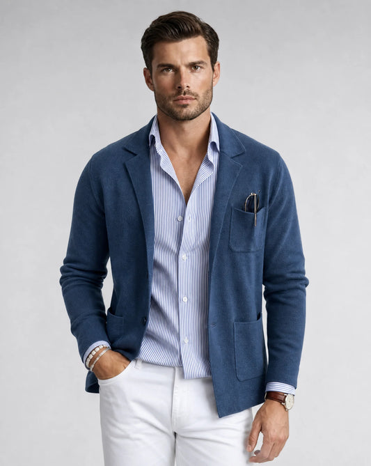 Men's blue lightweight knit blazer with notched lapel, tailored fit and smart casual styling for office and events by ILYNORA