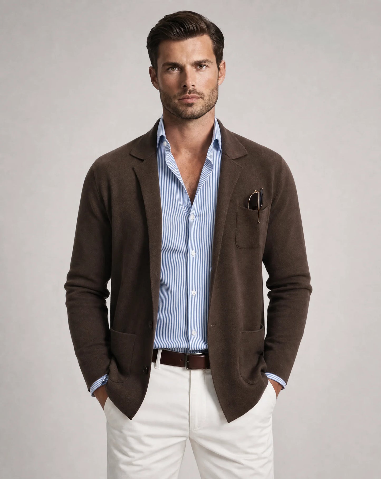Men's brown lightweight knit blazer with tailored silhouette, soft stretch fabric and refined everyday smart casual look by ILYNORA