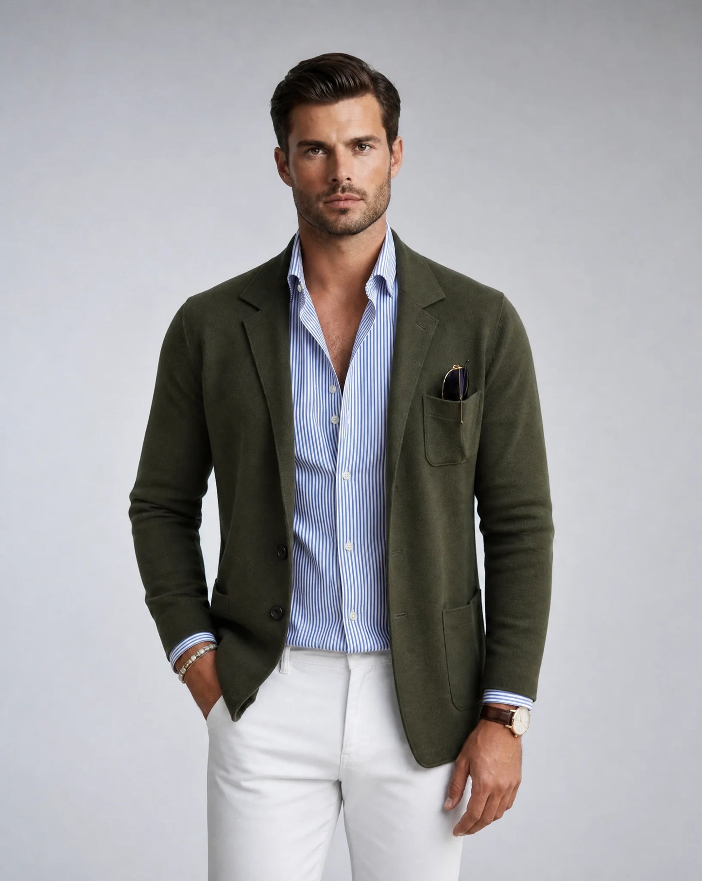 Men's dark green lightweight knit blazer with soft knit fabric, notched lapel and sophisticated smart casual styling by ILYNORA