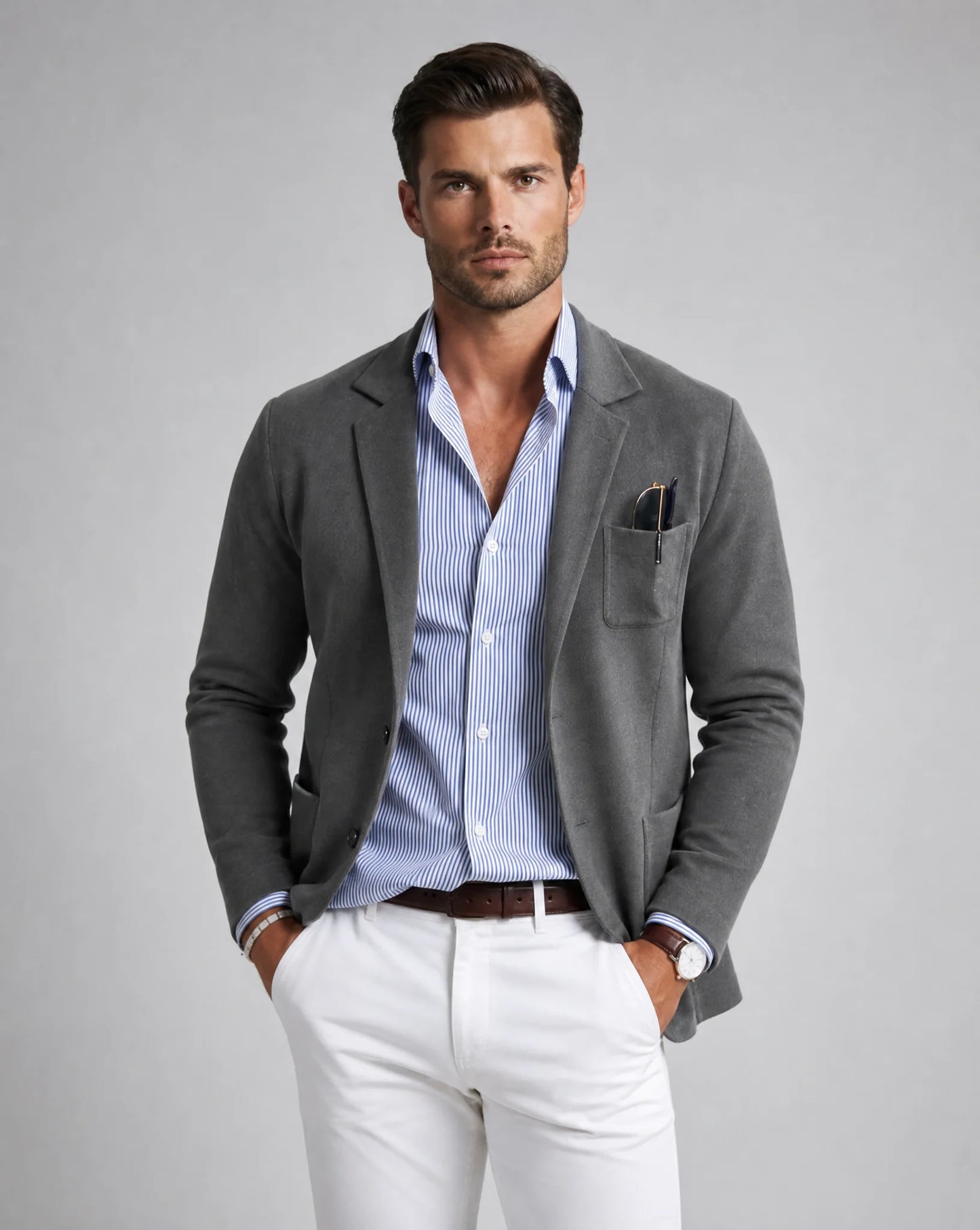 Men's dark grey lightweight knit blazer with comfortable stretch fabric, tailored fit and timeless office-ready style by ILYNORA