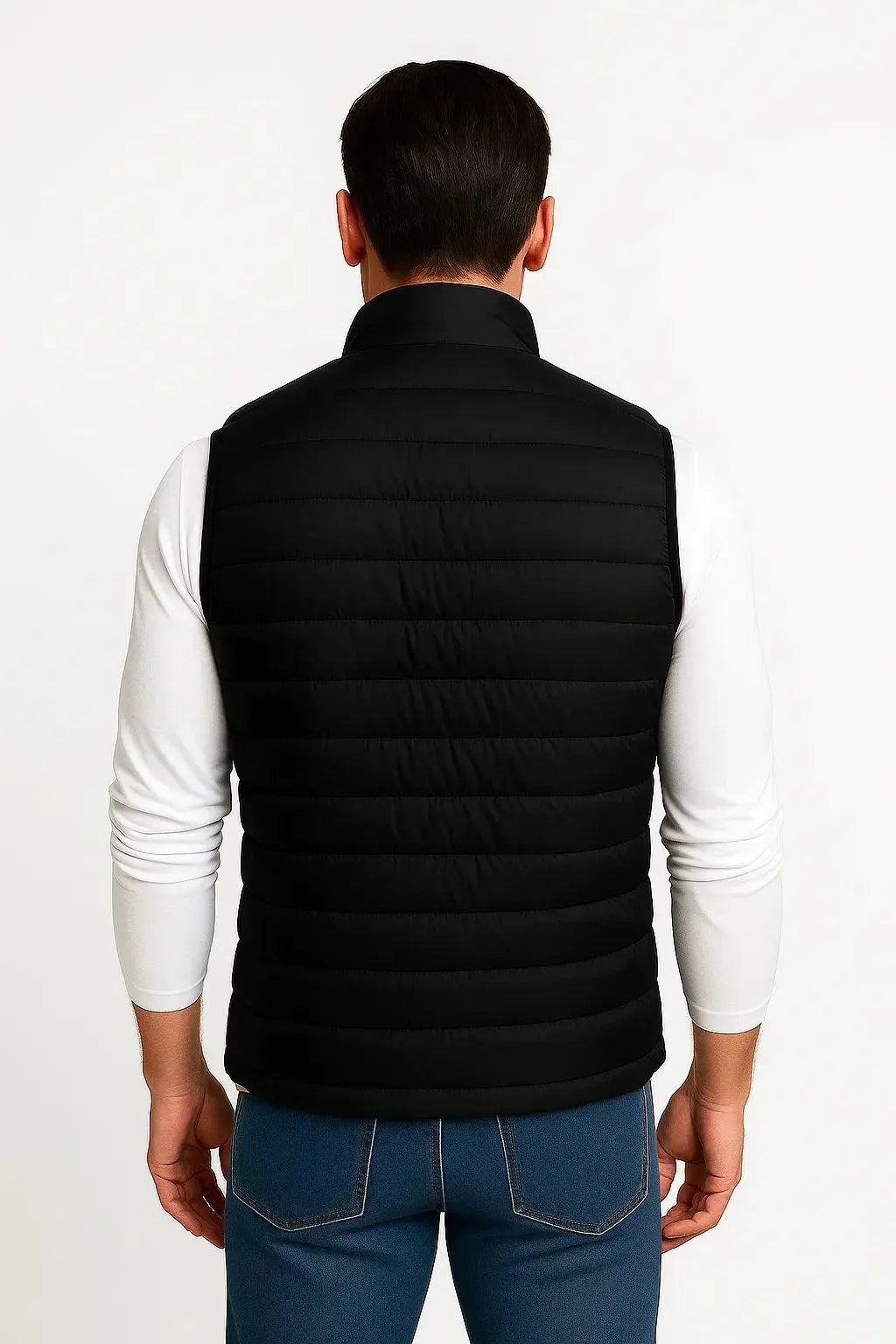 Back view of men's black lightweight quilted puffer vest with quilted padding, modern fit and stand collar by ILYNORA