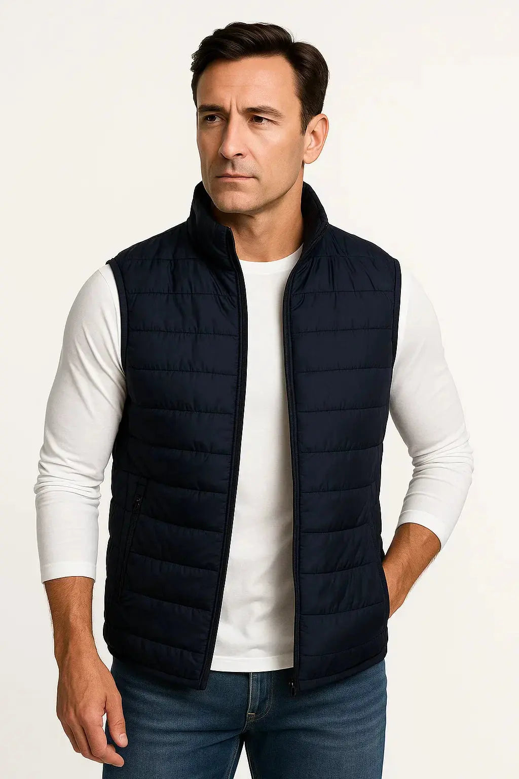 Men's navy blue lightweight quilted puffer vest with stand collar, zip fastening and insulated sleeveless design by ILYNORA